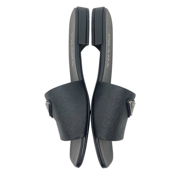 Prada Saffiano Triangle Logo Plaque Slide Flat Sandal Black Size 36.5 - Picture 6 of 11